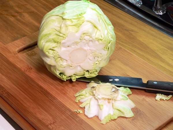 Cut the end off a medium sized head of cabbage.