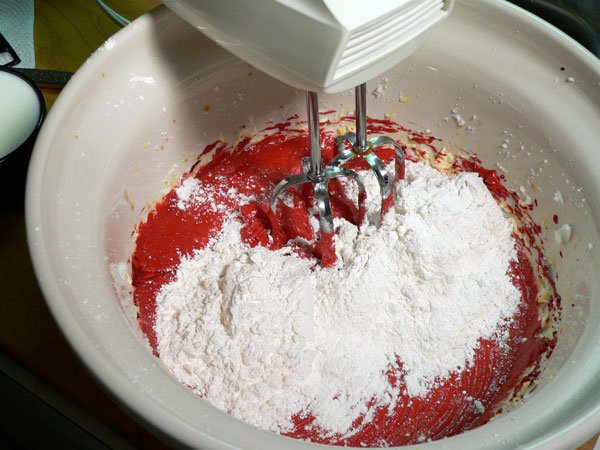 Red Velvet Cake, add some of the flour to the batter.